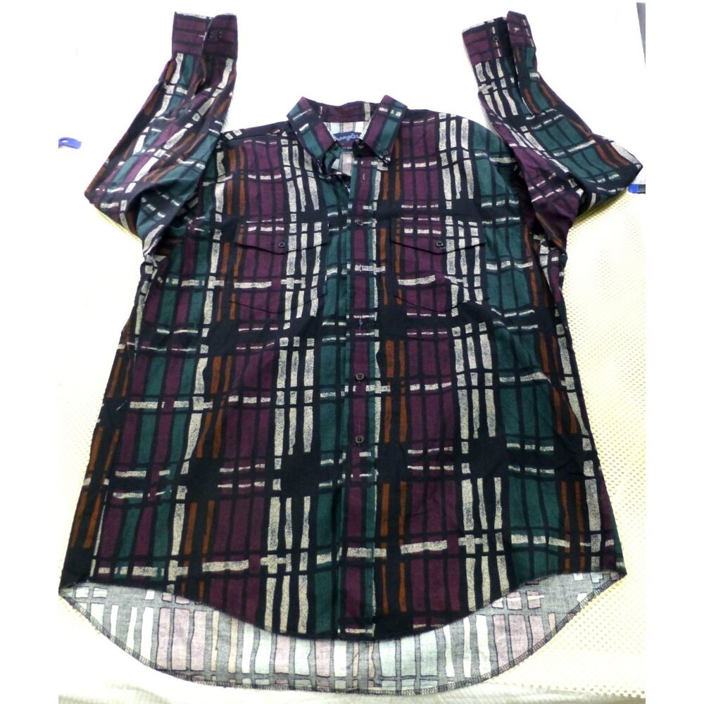 VTG NWT Wrangler Mens X-Long Tail Checkmate Plaid Long Sleeve Button-Up Shirt 17